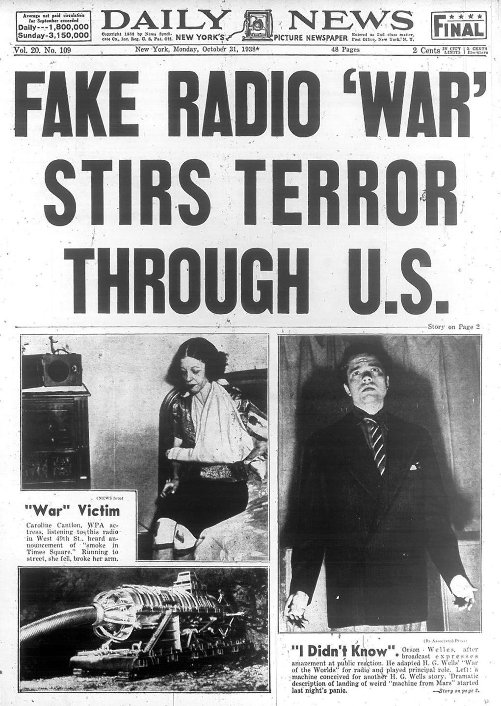 1938- Orson Welles narrates H.G. Well’s “The War Of The Worlds” on the radio and causes a mass panic