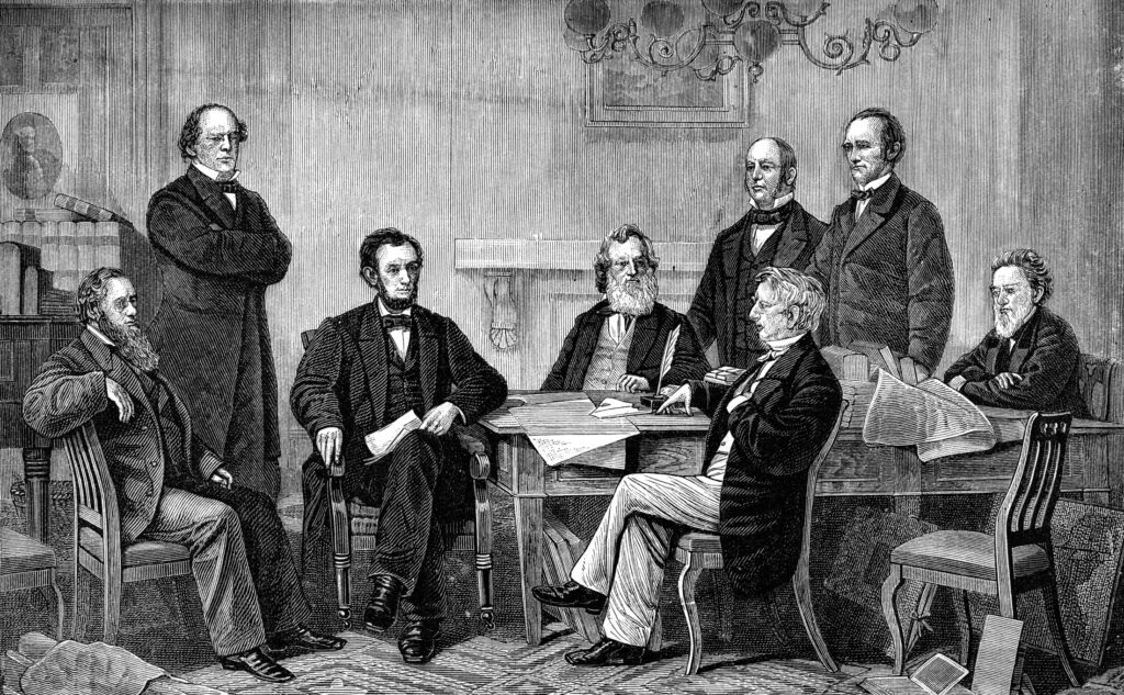 1862-Ralph Waldo Emerson and Charles Sumner meet with President Abraham Lincoln at The White House, Washington