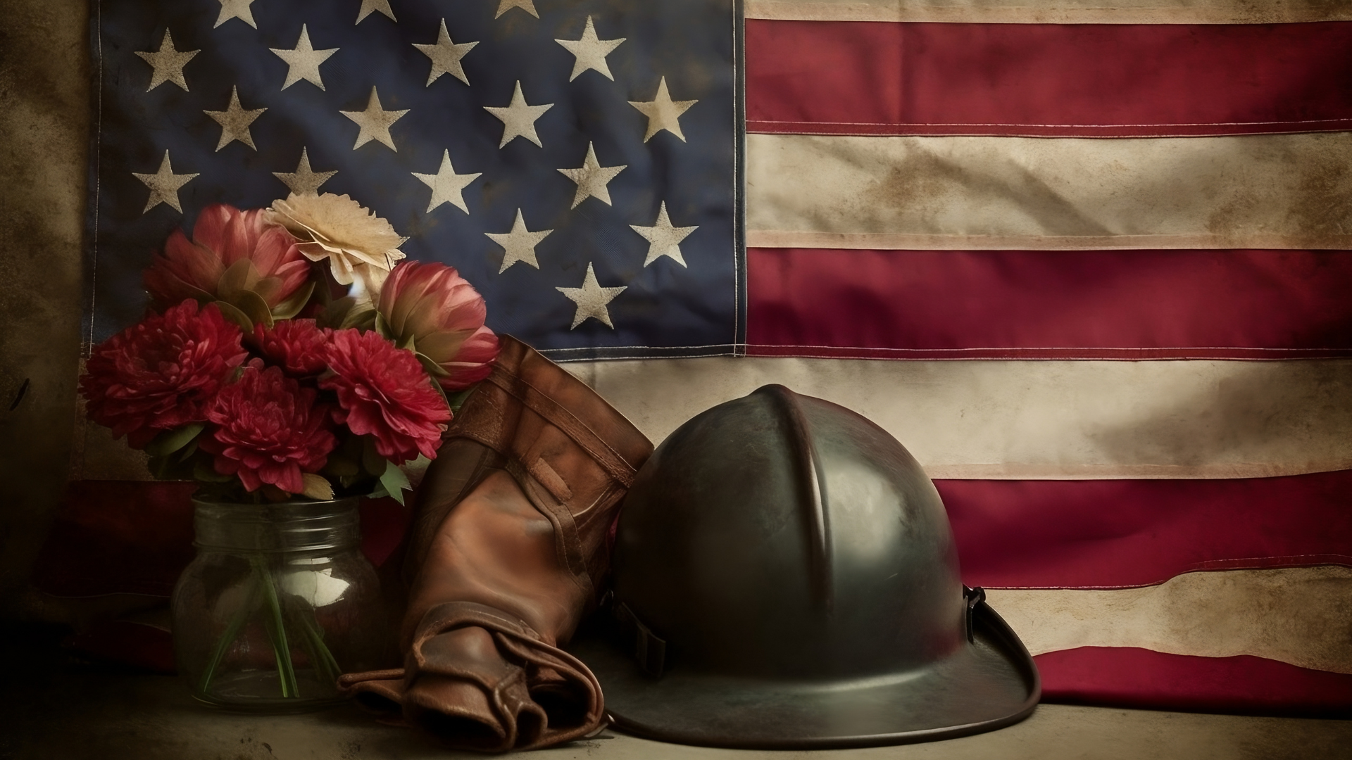 Old American flag with flowers, army helmet and boots