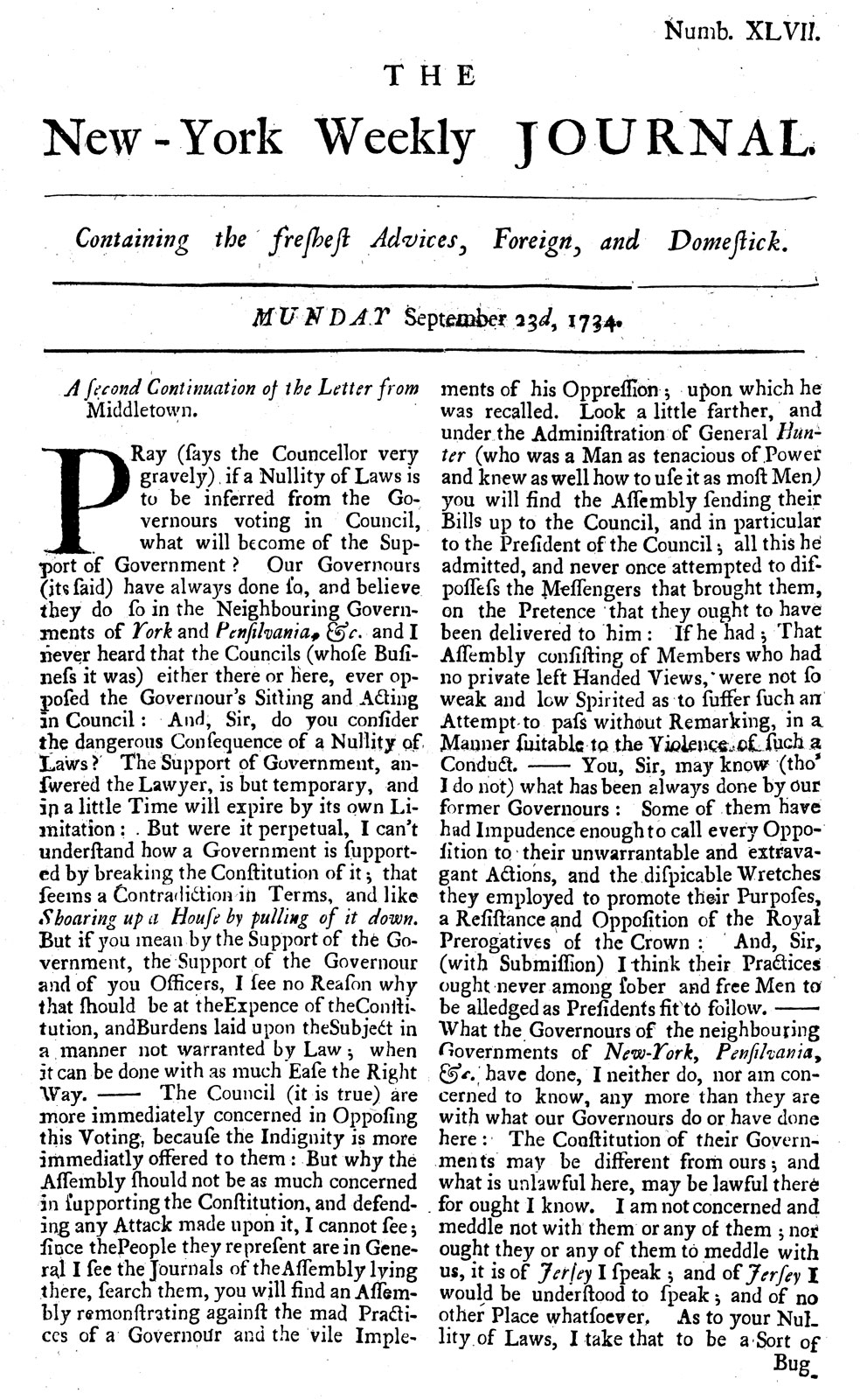 Copy of Early Publication of New York Weekly Journal